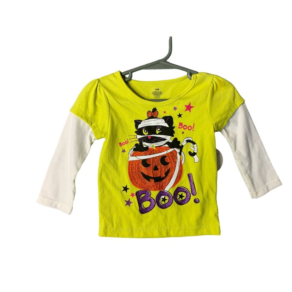 New happy Halloween Infant Baby Size 12 Months Green Long Sleeve Cat On Pumpkin